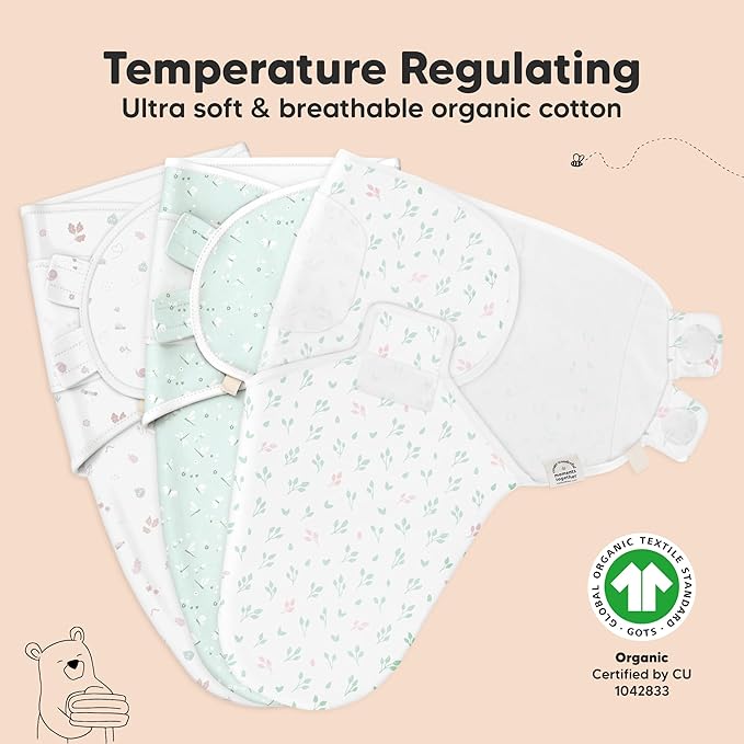 3-Pack Organic Baby Swaddle Sleep Sacks - Swaddles for Newborns, Infant 0-3 Months, Baby Girls, Boys, Soft & Snug Newborn Sleep Sack, Nursery Swaddling Blankets (Garden)