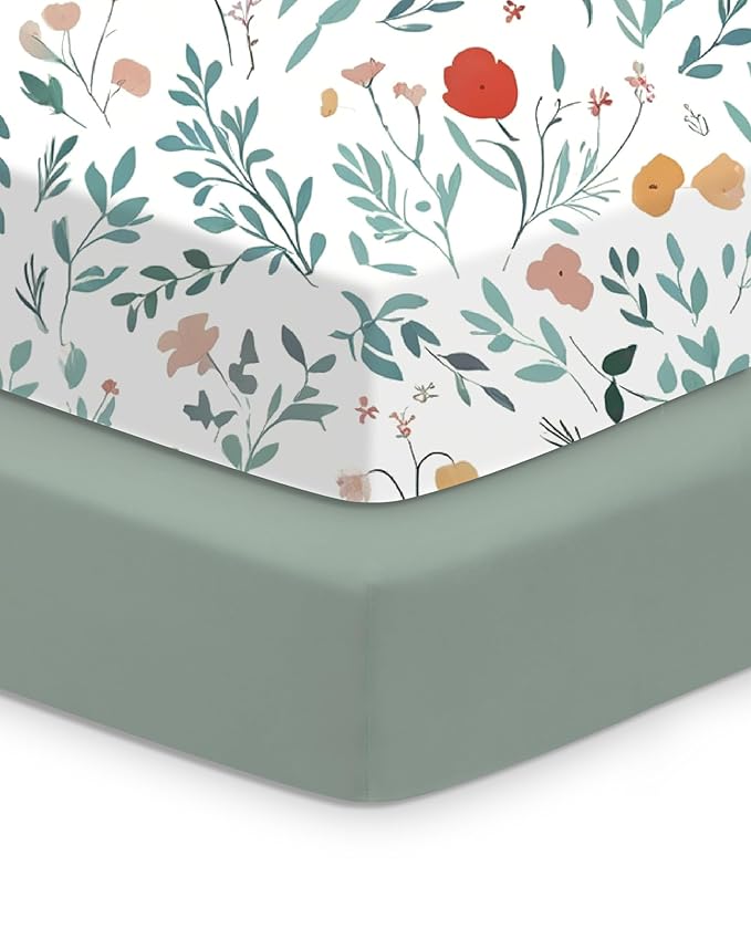 Baby Crib Sheets Boy Girl for Standard Crib Mattress - Soft Green Leaf+Flower, Ultra Soft Jersey Knit, Safe and Cozy, Fits 28''x52''x9'' Extra Deep Pocket