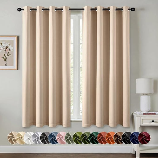 MIULEE Beige Blackout Curtains for Bedroom Living Room 63 Inches Long 2 Panels, Thermal Insulated Room Darkening Drapes Solid Grommet Noise Reduction Light Blocking Window Treatments 50x63 Inch