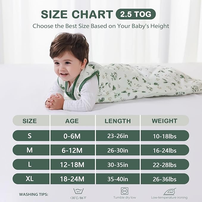 Mosebears Sleep Sack Baby Winter Wearable Blanket with 2-Way Zipper,2.5 TOG Cotton Sleep Sack Unisex(Plant,6-12 Months)