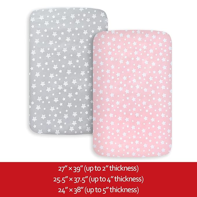 Pack and Play Sheets Girl, Mini Crib Sheets, Stretchy Pack n Play Playard Fitted Sheet, Compatible with Graco Pack n Play, Soft and Breathable Material, Grey & Pink