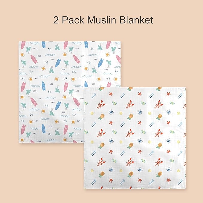 Muslin Swaddle Blankets for Newborn, 2-Pack Breathable Receiving Baby Blanket, Large 47 x 47 Inches Swaddling Wrap for Boys and Girls (Beach Fun)