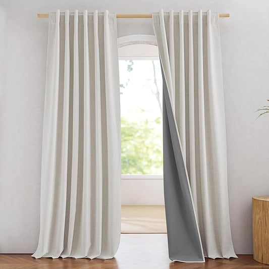 NICETOWN Snowbound Vintage Linen 100% Blackout Curtains for Living Room, Thermal Insulated Curtains 84" Long, 52" Wide Per Panel, Set of 2, Noise Reducing Window Treatment Drapes for Hall Room