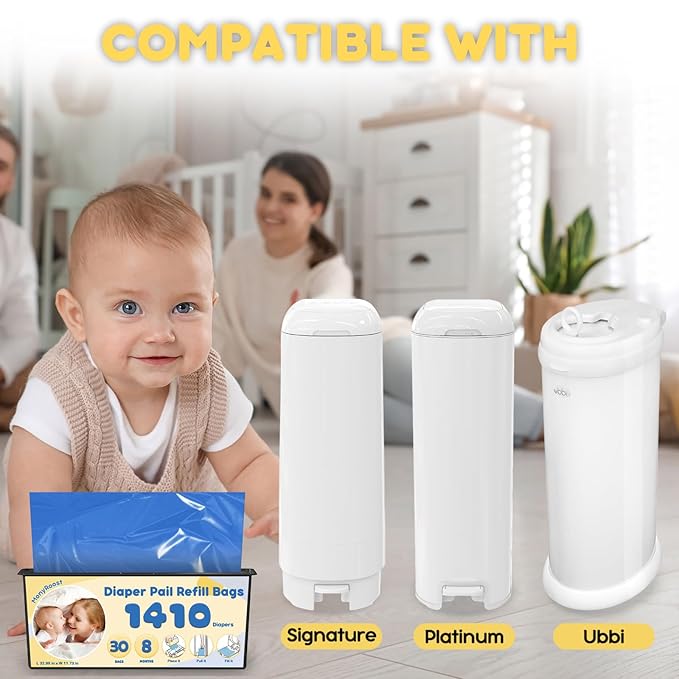 Diaper Pail Refills Bags Compatible with Genie Easy Roll Signature & Platinum Diaper Pails | Holds Up to 1410 Newborn Diapers Per Refill | 7 Layer Odor Barrier Technology, 2Pack(60 Bags)