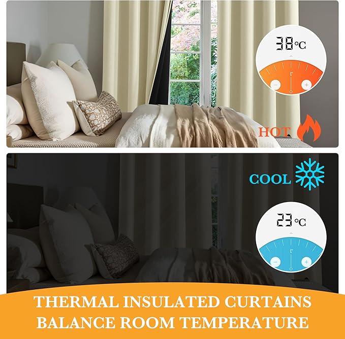 RYB HOME 100% Blackout Beige Curtains for Living Room, Heat Blocking Energy Efficient Farmhouse Window Drapes for Bedroom Nursery, 52 inches Wide by 63 inches Long, Light Beige, 2 Panels