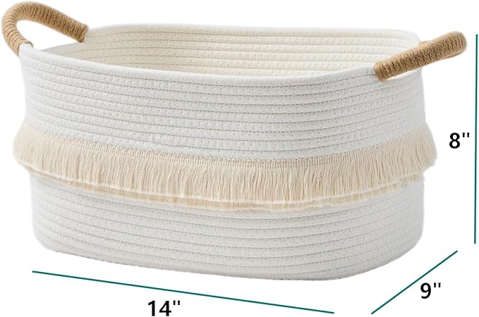 Storage Bins Woven Baskets for Storage Set of 3, Cotton Rope Basket with Handles for Toys/Shelves/Laundry, Rectangle Multi-Purpose Organizer for Living Room, Bedroom, Nursery (White)