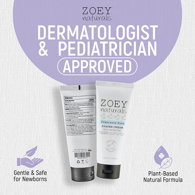 Zoey Naturals Baby Diaper Cream - Pediatrician & Dermatologist Approved - Zinc Oxide & Kaolin Clay Rash Protectant for Soothing Relief & Healing - Mom's Choice Award Winner - Fragrance Free 3.4 oz