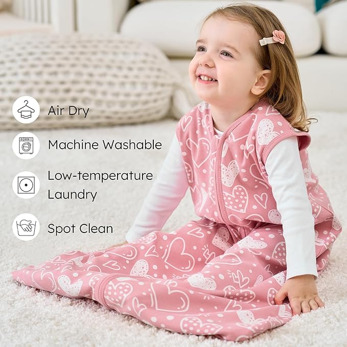 FIEMOL Baby Sleep Sack 6-12 months, 100% Cotton Sleeping Sack for Newborn and Infant, 3 Pack Baby Wearable Blanket for Boy and Girl, 0.5 Tog Lightweight Double Zipper Sleep Bag Pink Heart