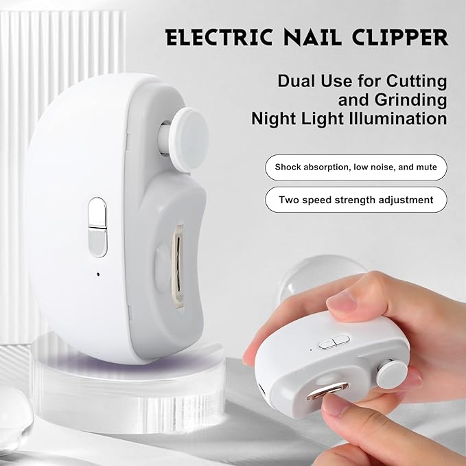 Automatic Nail Clipper Electric Nail Trimmer Polisher 3 in 1 Portable Fingernail Cutter with Light 2 Speeds File Nail Clip Storage Rechargeable Safety Trimmer for Seniors Adults Kids Baby (White)
