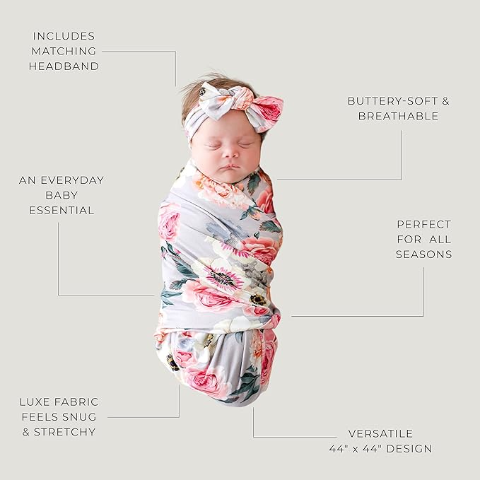 Posh Peanut Swaddle Blanket & Headband Set – Viscose from Bamboo Stretchy Baby Swaddle for Newborn Girls, Receiving Blanket or Nursing Cover