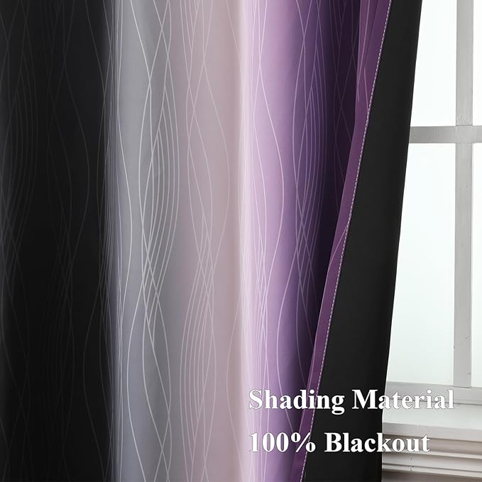 Estelar Textiler Black and Purple Ombre Blackout Curtains for Bedroom, Full Room Darkening Grommet Curtains for Living Room, Thermal Insulated Light Blocking Gradient Drapes, 42Wx72L,2 Panels