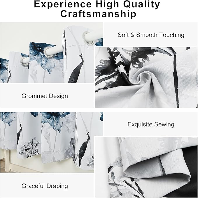 Watercolor Blue Floral Blackout Curtains for Living Room and Bedroom, Grommet Light Filtering Black Out Window Curtains 84 Inch Long 2 Panel Sets, Room Darkening Thermal Curtains for Winter Insulated