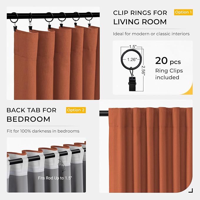INOVADAY 100% Blackout Curtains for Bedroom, Black Out Curtains 108 Inch Long, Clip Rings Linen Blackout Drapes, Thermal Insulated Room Darkening for Living Room, 2 Panels - Orange,W50xL108