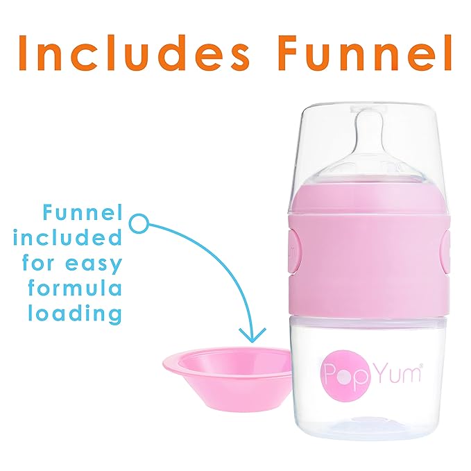 PopYum Pink Formula Making Baby Bottle Starter Set, 4-Pack, 2X 5oz Bottles with #1 Slow Flow Nipples + 2X 9oz Bottles with #2 Medium Flow Nipples, Mixing, Dispenser