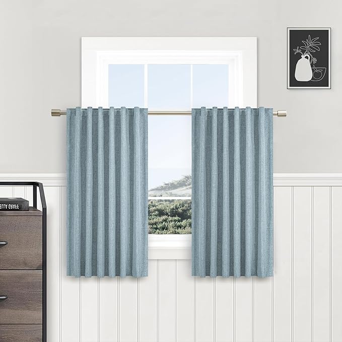 Short Curtains for Windows Bathroom, 100% Blackout Linen Boho Back Tab Pleated Cafe Curtains for Kitchen Bedroom, 54 Inch Length 2 Panels Set, Dusty Blue