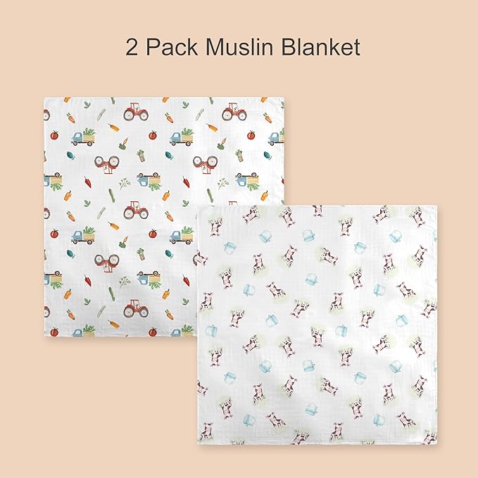 70% Rayon Made from Bamboo 30% Cotton Muslin Swaddle Blanket, 47 x 47 Inches, Cow Print Baby Receiving Blanket, Soft and Breathable, Unisex, 2 Pack