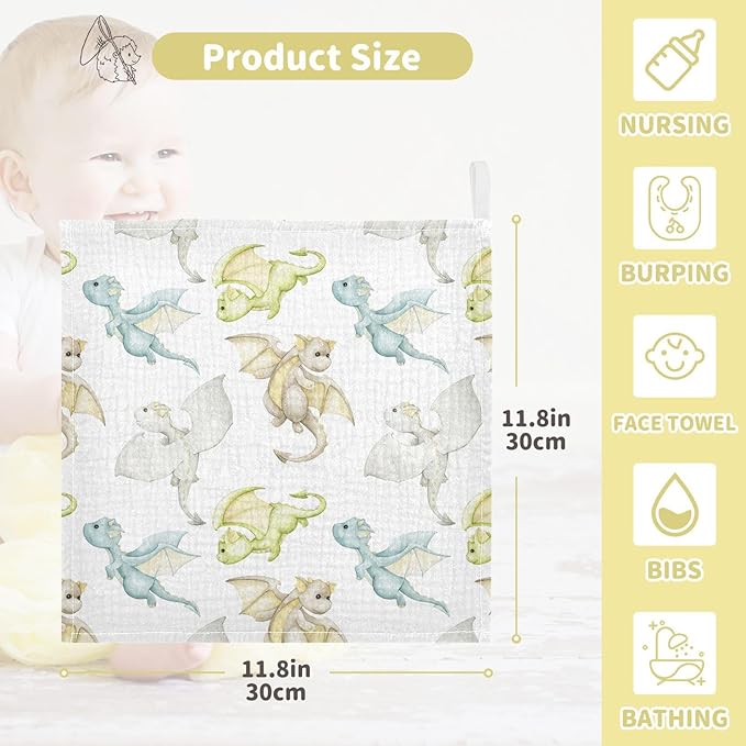 vvfelixl Baby Muslin Washcloths Watercolor Dragons Cartoon Style Baby Burp Cloths Cotton Baby Face Towel for Newborn Infants Boys Girls Soft and Absorbent 11.8 X 11.8 in, 3 Pack