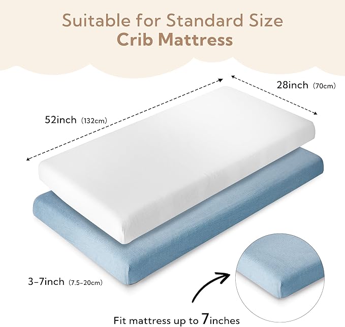 SOULFUL Muslin Crib Sheets for Boys Girls, 2 Pack Soft and Breathable Cotton Fitted Crib Sheets for Standard Crib Mattress (28"x 52", White & Blue)