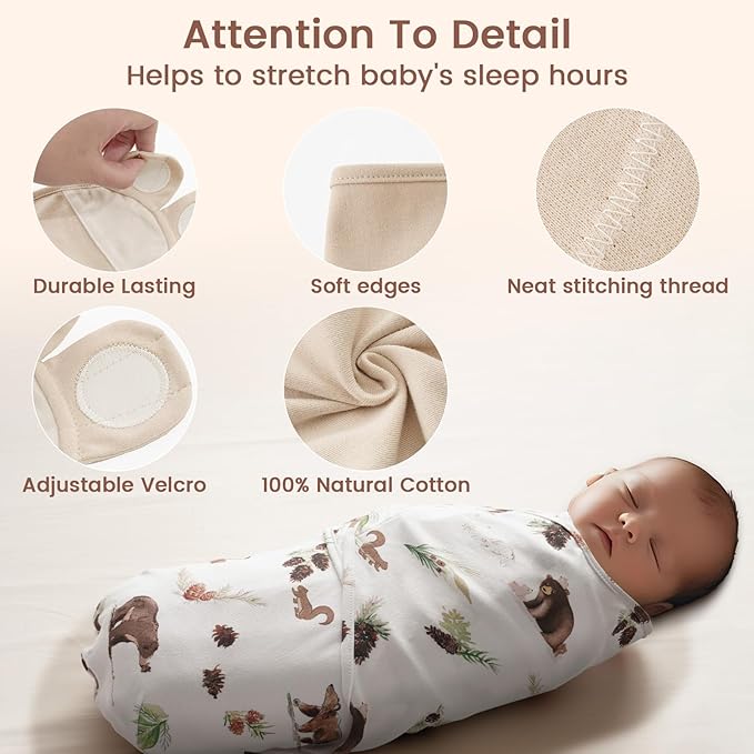 david's kids 100% Cotton 3 Pack Baby Swaddle Wrap for 0-3 Months, Soft Breathable Swaddle Blanket for Newborn Infant, Adjustable Baby Wrap Sleep Sacks for Boys Girls, Newborn Essentials, Woodland