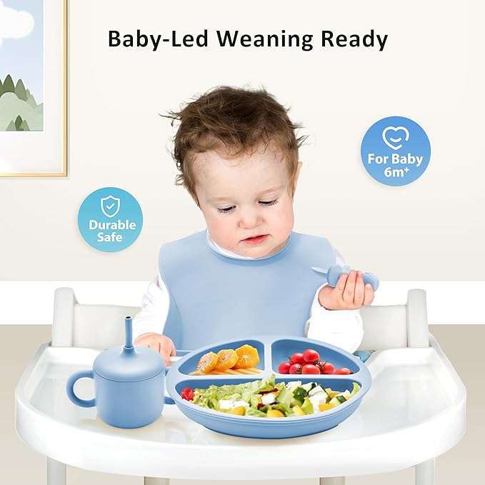 Bufims Silicone Baby Feeding Set, Baby Led Weaning Supplies, Eating Essentials Utensils with Suction Plate and Bowl, Pocket Bib, Sippy Cup with Lid, Forks Spoons Snack Container, for 6+ Months, Blue