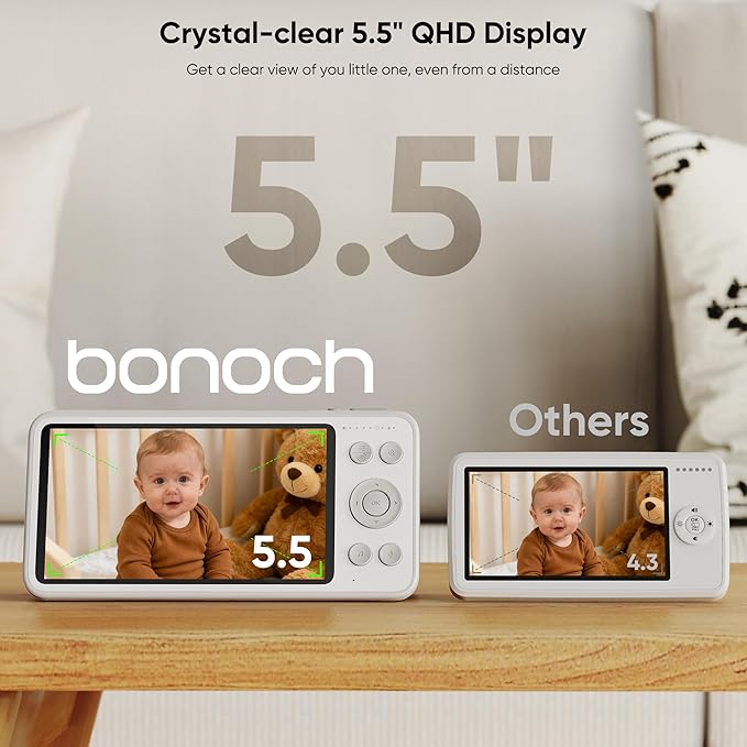bonoch 2K Baby Monitor with Camera and Audio, 5.5" Smart No WiFi Video Baby Camera, 240h Battery, 1600ft Long Range, Crying/Motion/Turnover Detect, Hack Proof, Night Vision, White Noise, Shower Gifts