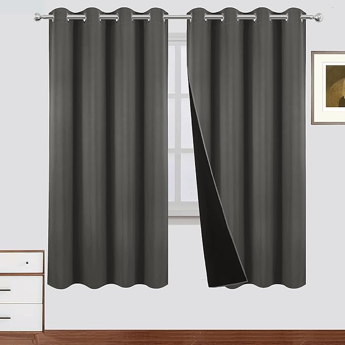LEMOMO 100% Blackout Curtains 52 x 72 Inch Grey Curtains 2 Panels Darkening Thermal Insulated Bedroom Curtains