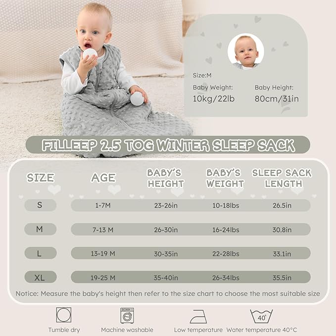 FILLEEP Fleece Baby Sleep Sack 18-24 Months with Plush Dots, Winter Baby Wearable Blanket for Infant Toddler Sleeping Sack 2-Way Zipper Warm Sleepsack, Grey