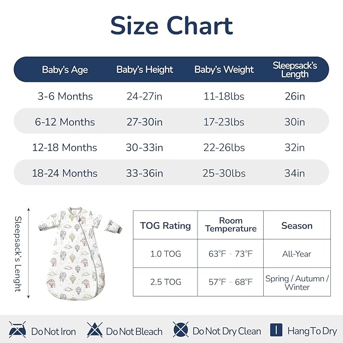 Baby Sleep Sack 18–24 Months, 2.5 TOG Warm Cotton Sleep Sack with Detachable Long Sleeves, Winter Wearable Blanket for Cold Nights, 2-Way Zipper Toddler Sleeping Sack, Hot Air Balloon