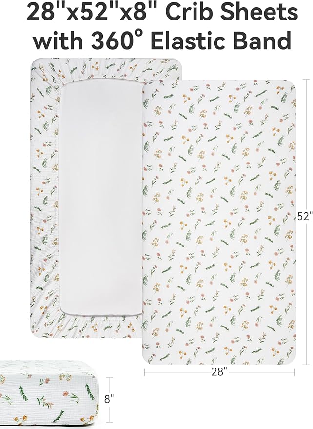 TILLYOU 2 Pack Muslin Crib Sheets for Boys and Girls, 100% Cotton Fitted Crib Sheet for Toddler 52"x28" Standard Crib Mattress, Daisy