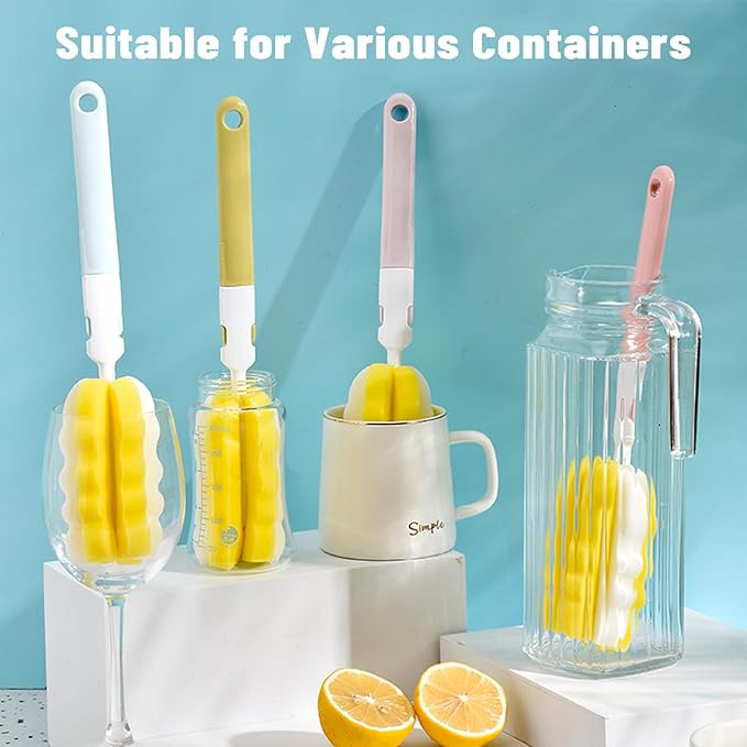 INVODA 4PCS Bottle Brush Long Handle Cup Cleaner Brush Sponge Bottle Scrubber Detachable Handle Portable Sponge Cleaning Brush for Baby Bottle Dishwashing Kitchen Clean Glasses Mugs (4 PCS)