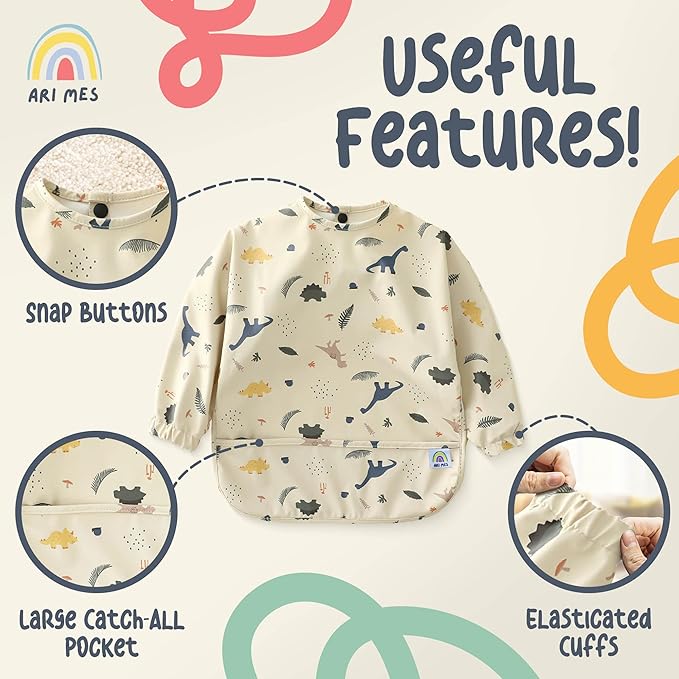 ARI MES Long Sleeves Waterproof Baby Bibs for Eating - Animals, Small - Wearable, Coverall for Toddler, Long Sleeve Bib, Smock Apron for Feeding - Applicable for 6-72 Months
