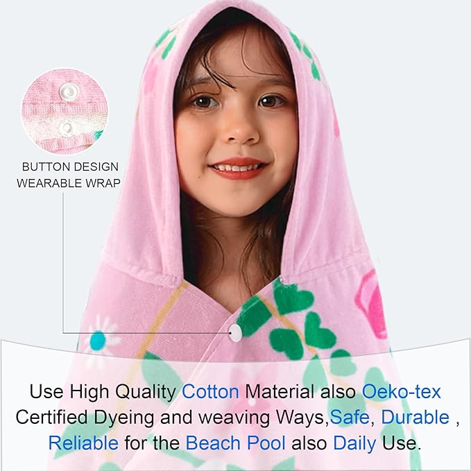 VOOVA & MOVAS Todder Beach Towel with Hood, (3-8 Years, 30''X50),Absorbent 100% Cotton Towel Wrap for Boys, Perfect for Toddler Beach, Pool, Bath, Swimming, Flower Butterfly