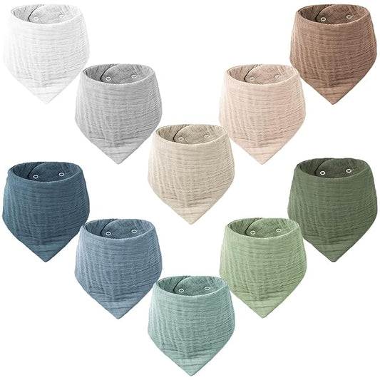 Konssy Muslin Baby Bibs 10 Pack Baby Bandana Drool Bibs 100% Cotton for Unisex Boys and Girls, Soft Absorbent Set for Teething and Drooling