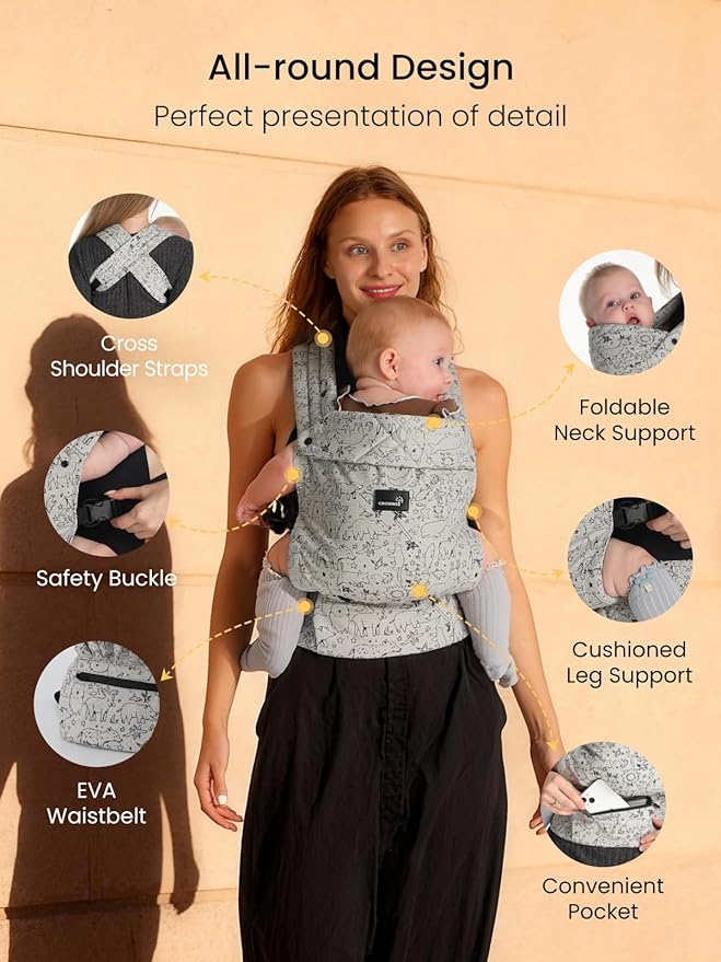 GROWNSY Baby Carrier Newborn to Toddler, Lightweight Ergonomic 7-44 lbs Newborn Carrier with Head Support, Easy to Wear Hands Free Infant Carrier for 0-36 Months, Grey Animal Pattern