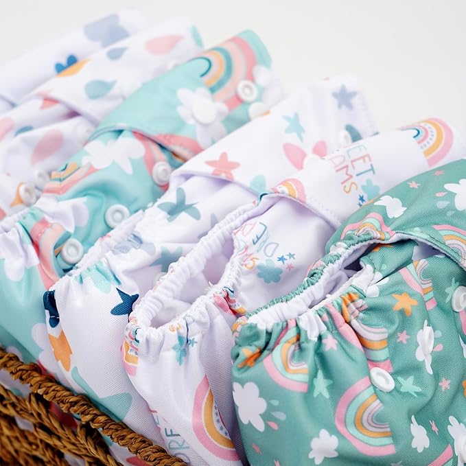 CoolaPeach 12 Set Reusable Adjustable Cloth Diapers for Newborn to 0-3 Years,One Size Washable Pocket Nappy Covers for Baby Girl and Boy,6 Pack Cloth Diapers+6pcs Microfiber Inserts(Green 2)