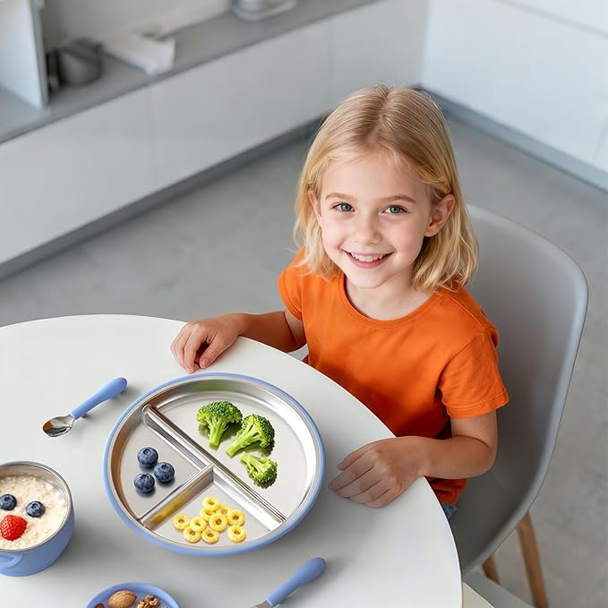 Bakpoco Stainless Steel Suction Plates for Toddlers, 9" Divided Kids Baby Plates with Removable Silicone Suction, Non Toxic Non Slip Portion Control Snack Dishes 3 Packs, Blue Gray Navy