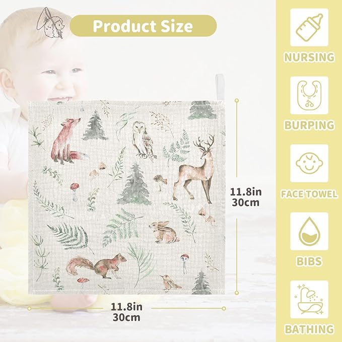 vvfelixl Watercolor Forest Animals Baby Burp Cloths Baby Muslin Washcloths for Boys Girls Cotton Baby Face Towel for Newborn Infants Soft and Absorbent 11.8 X 11.8 in, 5 Pack