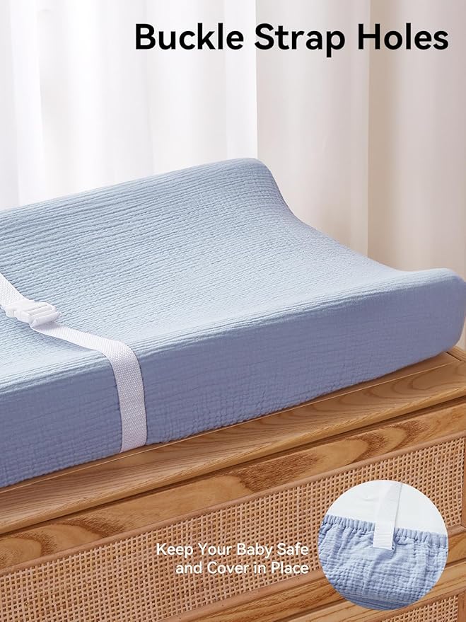TILLYOU Muslin Changing Pad Cover for Baby Girls Boys, Soft and Breathable Cotton Diaper Changing Table Cover, 2 Pack(Grey&Blue)