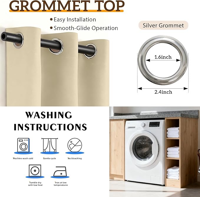 100% Blackout Curtains 84 Inch Length for Bedroom Living Room, Grommet Thermal Insulated Room Darkening Drapes, Light Blocking Window Treatment Decor, 2 Panels, 37x84, Beige