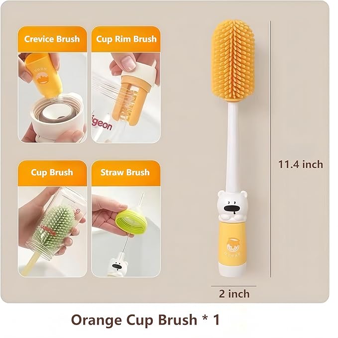 Pevxuoleo 4-in-1 Silicone Water Bottle Cleaning Brush Kit, Long Handle Straw Brush for Reusable Bottles, Mugs, Travel Cups, Wine Glasses,Multi-Purpose Cleaning Tools Set(Orange)