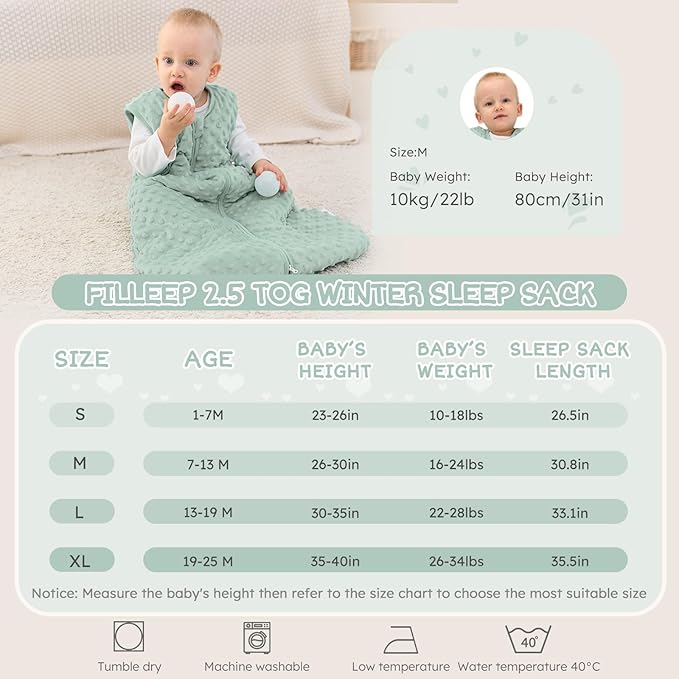 FILLEEP Fleece Baby Sleep Sack 12-18 Months with Plush Dots, Winter Baby Wearable Blanket for Infant Toddler Sleeping Sack 2-Way Zipper Warm Sleepsack, Green