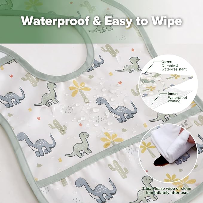 haakaa Waterproof Baby Bibs for Eating, Soft & Lightweight Toddler Bibs with Food Pocket, Easy Wipe Clean, Ages 6–24M, 2 Pack