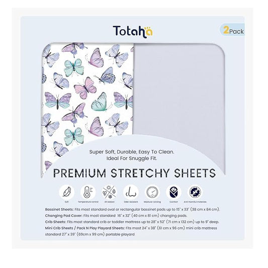 TotAha Premium Stretchy Changing Pad Cover, Buttery Soft Diaper Changing Pad Covers for Girls Boys, Super Stretchy Jersey Knit Changing Table Covers2-Pack, Purple Butterfly