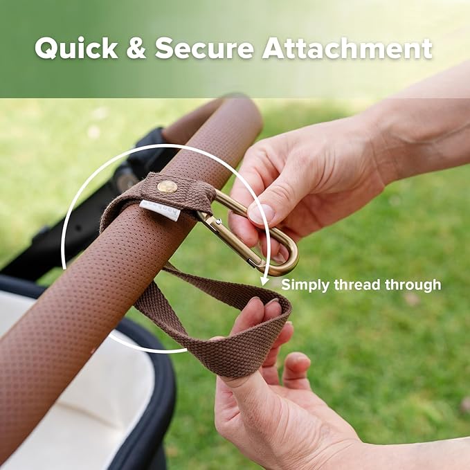 haakaa Baby Stroller Hooks for Bags丨Universal Stroller Straps and Hooks, Non-Slip with One-Hand Opening, Multipurpose Hooks for Diaper Bags, Backpacks, Bikes & Shopping Carts - Brown, 2 Pack