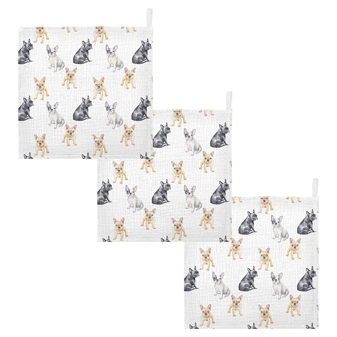 Baby Washcloths Cotton Pets French Bulldog Baby Muslin Washcloths Soft Baby Face Towel for Newborn Infants Baby Wipes, 11.8 X 11.8 Inch, 5 Pack