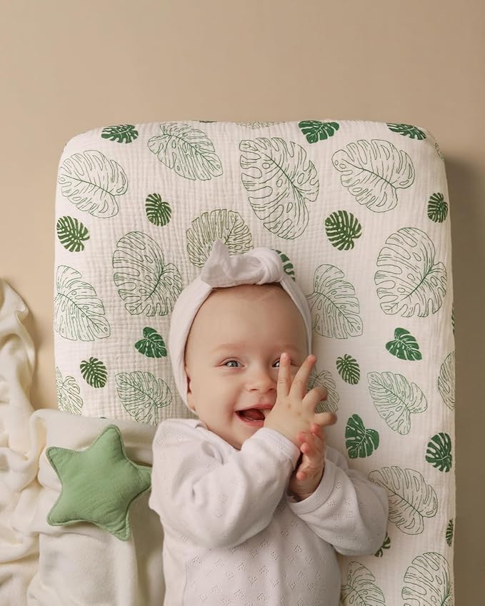 Blissful Diary Muslin Changing Pad Cover for Girls Boys, Ultra Soft Breathable Cotton, Baby Diaper Change Table Pad Covers, 2Pack (Leaf & Monstera Leaves)