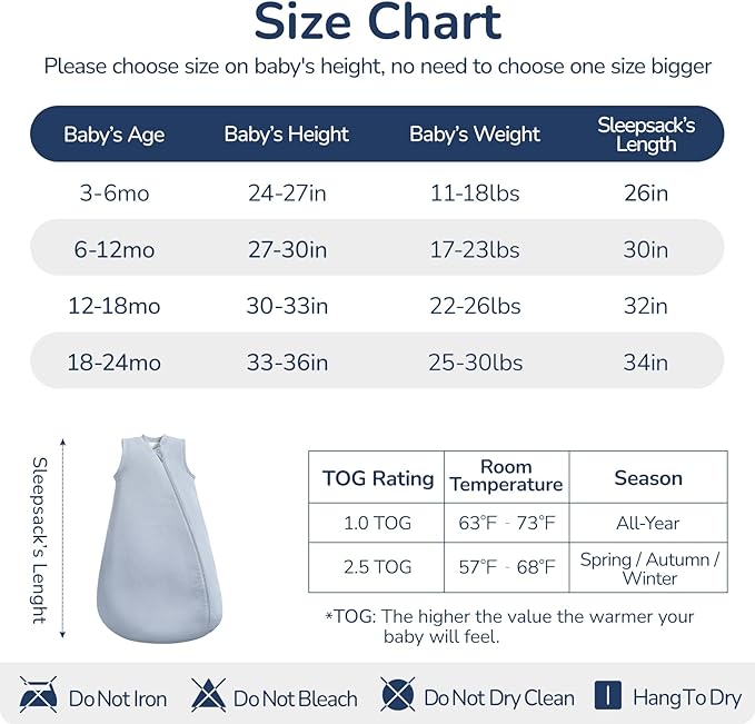 usbettas 1.0 Tog 2.5 Tog Baby Sleep Sack, 100% Cotton Baby Sleeping Bag 3-24M, 2-Way Zipper Baby Wearable Blanket