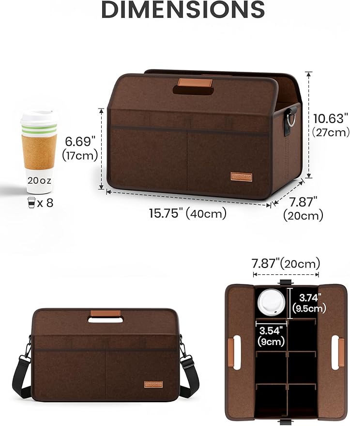 Fluxynara 8-Cup Reusable Felt Drink Carrier with Handle and Adjustable Shoulder Strap, Drink Holder for Car, Multi-Cup Drink Carrier Bag for Delivery, Travel, Picnics (Coffee Brown)