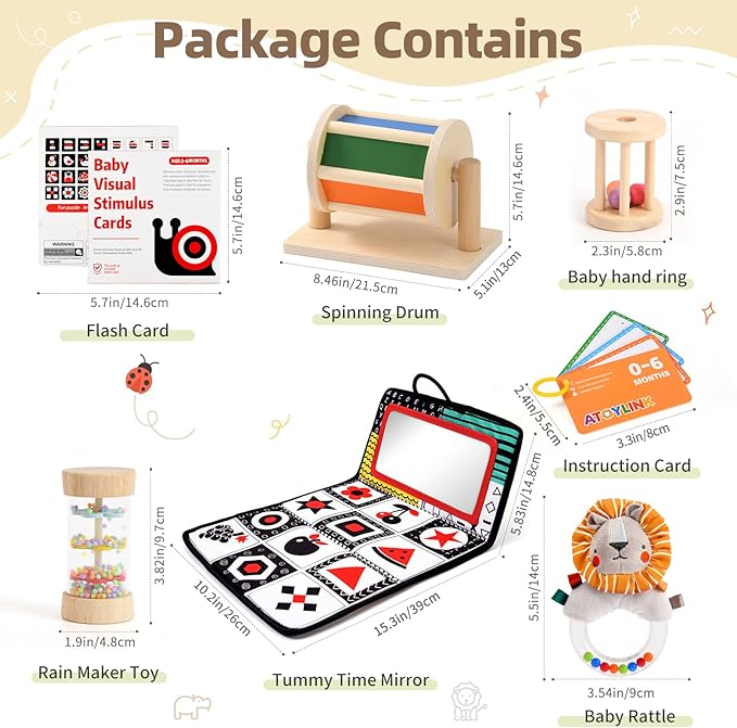 Toyssa Montessori Toys for Babies 0-6 Months, 6 in 1 Wooden Learning Educational Sensory Toys with Spinning Drum & Tummy Time Mirror & Baby Rattle & Flash Card, Birthday Gifts for Babies Boys Girls