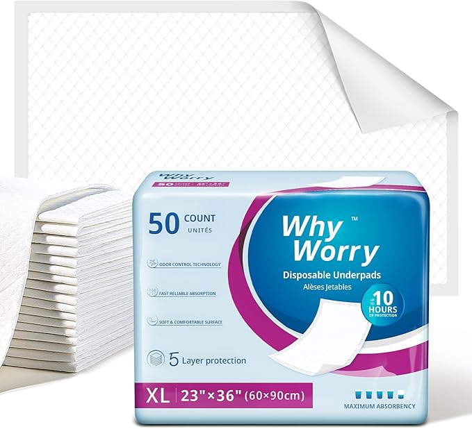 WhyWorry Extra Large Disposable Bed Pads 23" x 36", Super Absorbent Leakproof Incontinence Underpads for Surface Protection, Thick Quilted Chucks Pee Pads for Adults and Babies, 50 Count